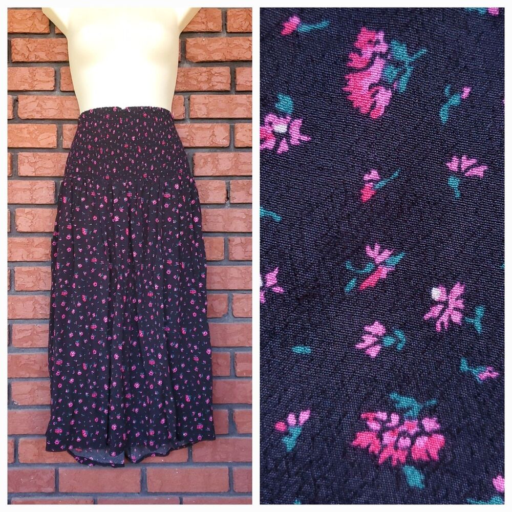 The Nines HATCH Smocked Midi Skirt XL Maternity Black Pink Floral Dark Cottage